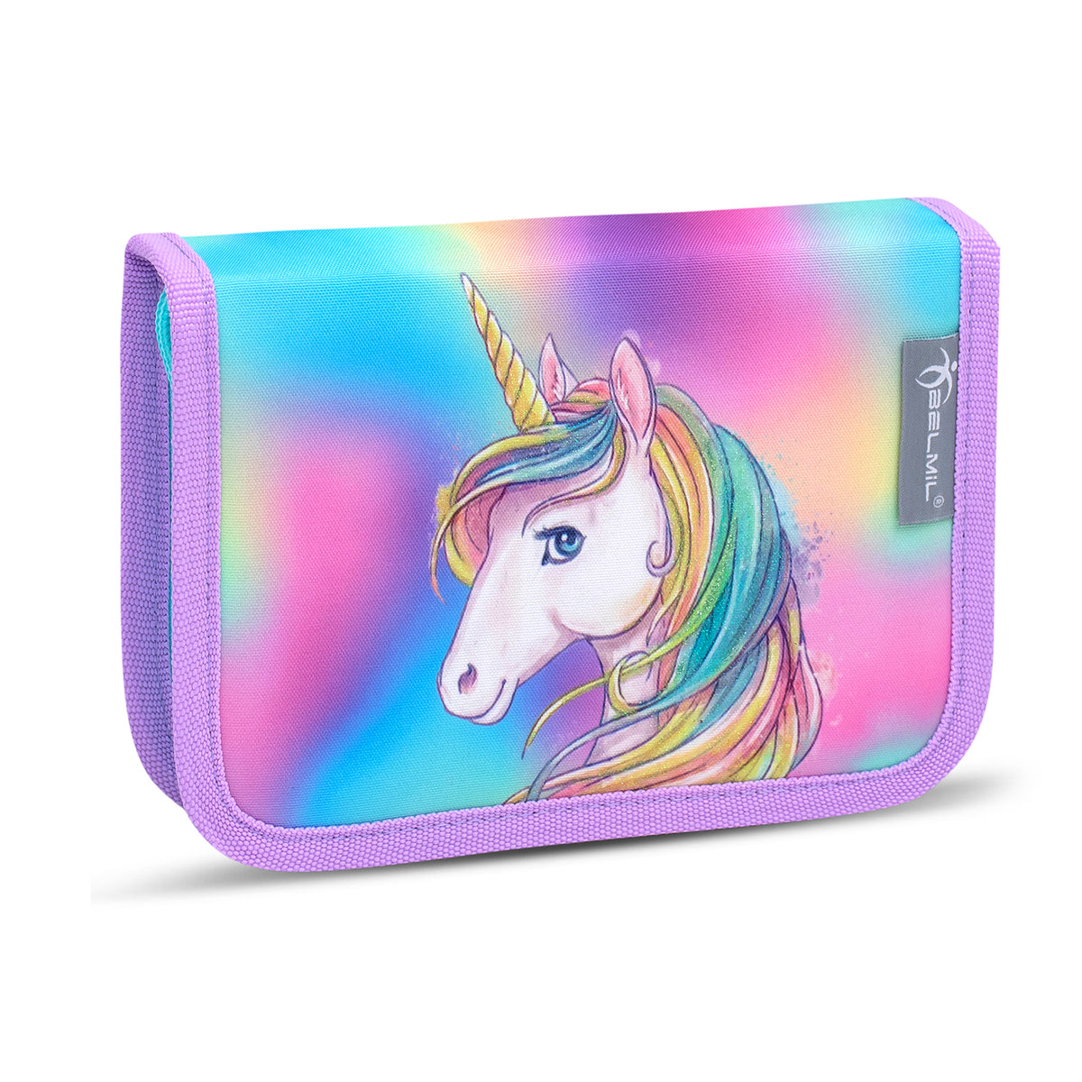 Illustration of the Belmil Classy Ergonomic School Bag Set for Girls “Rainbow Color” Design + Unicorn Raincoat, emphasizing its colorful aesthetics and fun unicorn theme.