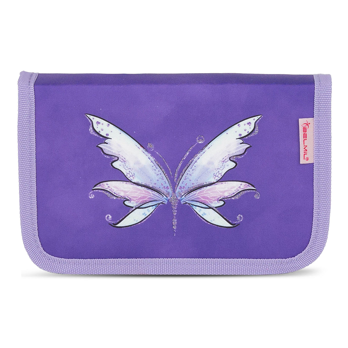 Complete Ergonomic School Bag Set for Girls – Belmil Mini-Fit Starlight Wings (4 pcs) shown with a drawstring gym bag and pencil case.
