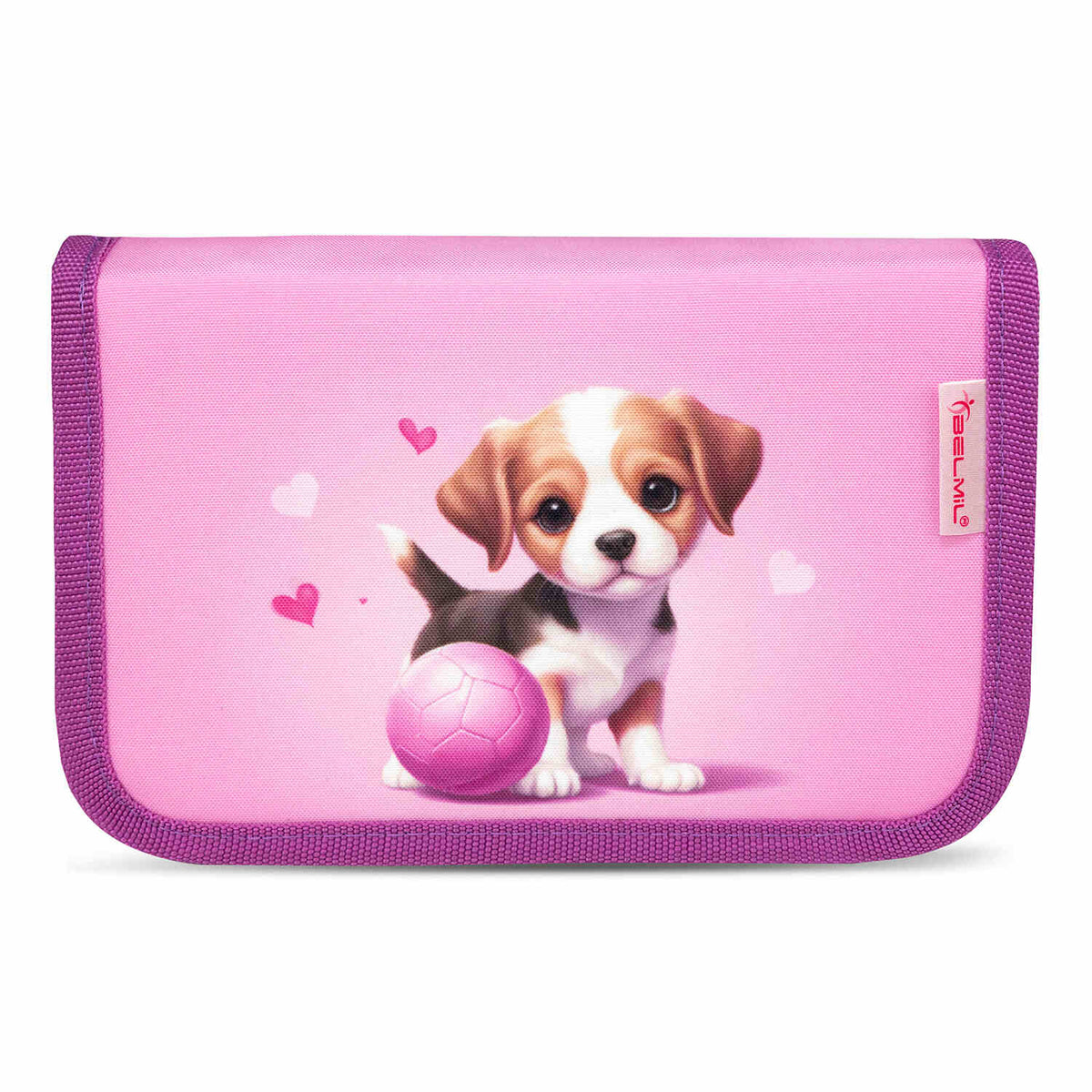 The Ergonomic School Bag Set for Girls – Belmil Classy Little Puppies (5 pcs) shows multiple spacious compartments designed for school day necessities.