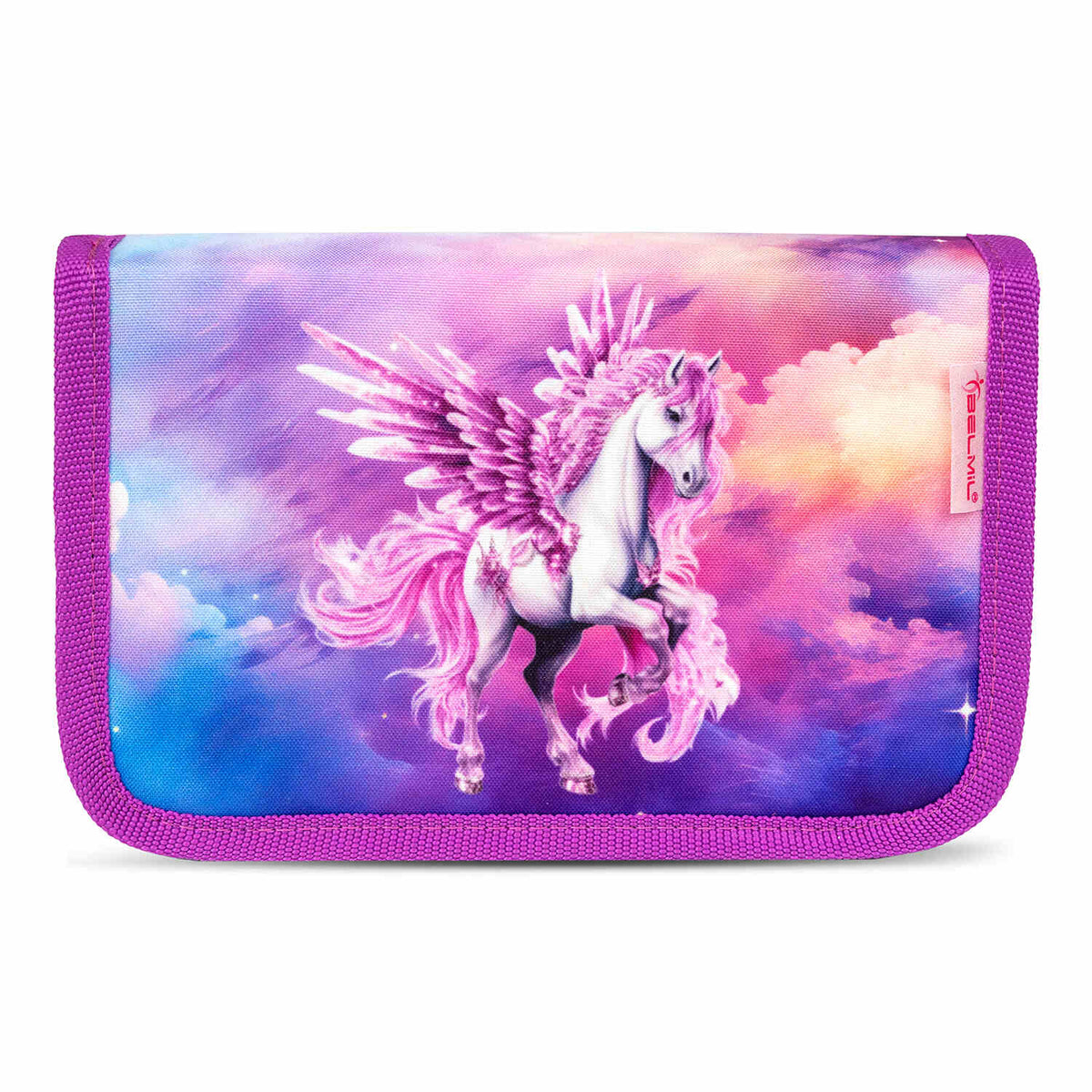 Stylish design of The Ergonomic School Bag Set for Girls – Belmil Classy Pegasus (5 pcs) with magical flying horse graphics.