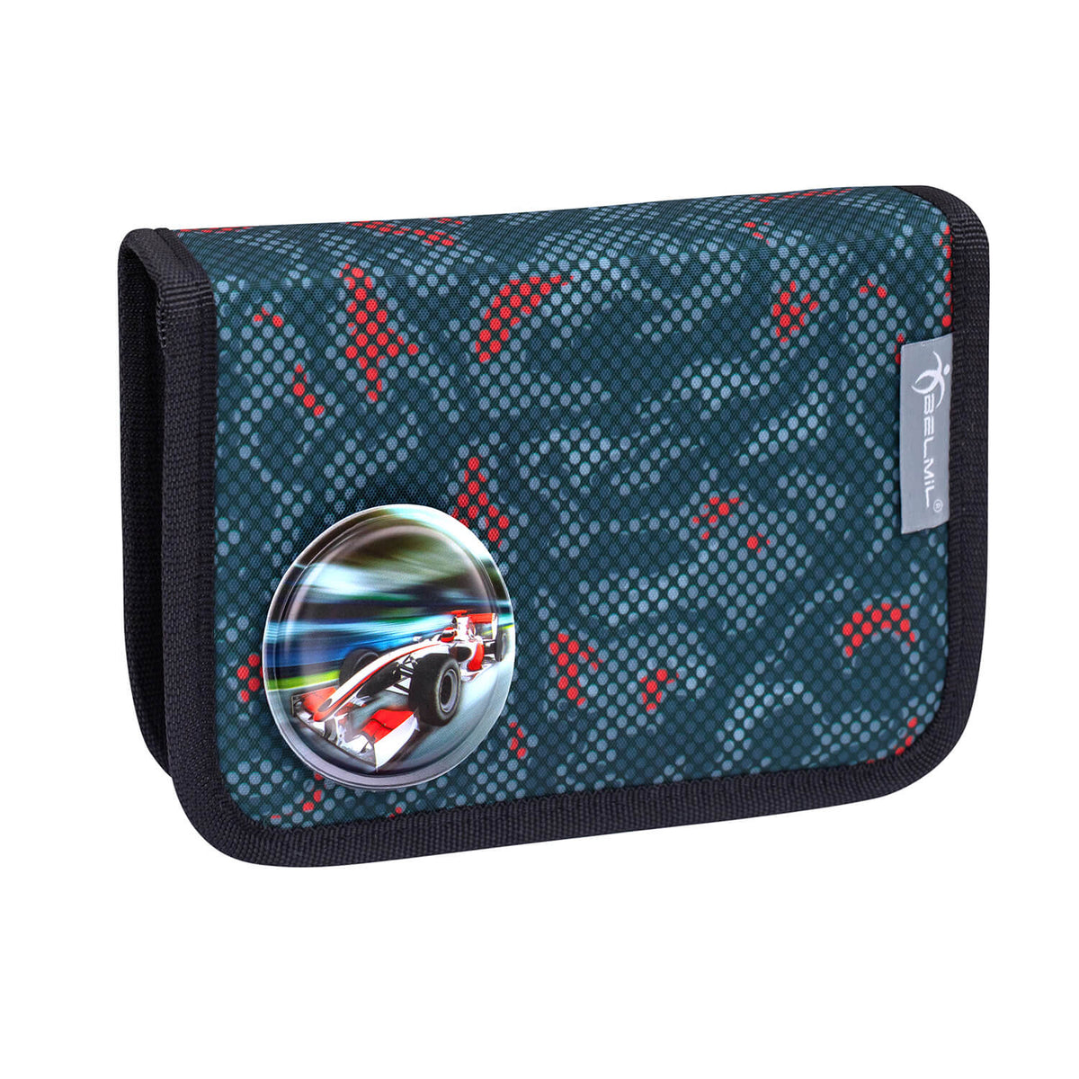 Creative close-up of the Belmil Motion Red Dots School Bag's racing car-themed patches to appeal to young boys.