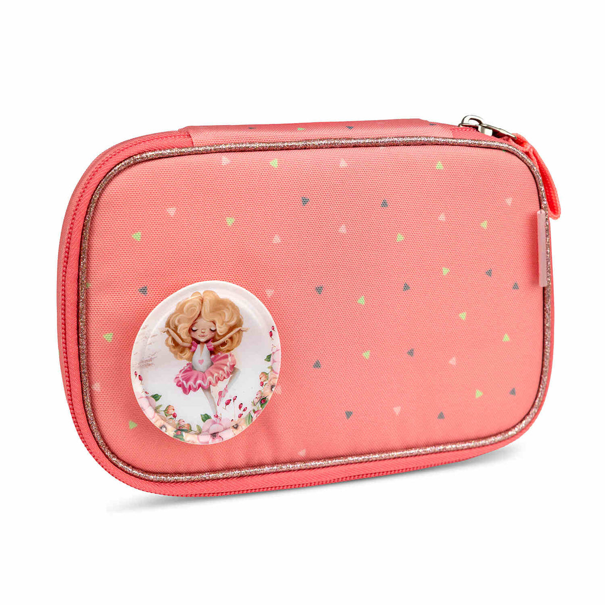View of the zip pouch included in the Belmil Smarty Minimal Triangels Ergonomic School Bag Set – 5-Piece Set with 9 Interchangeable Patches and Hip Belt.