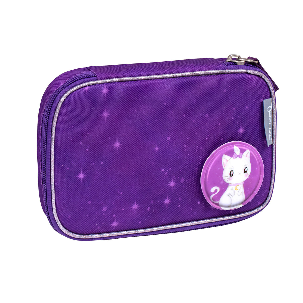 Detailed image of the adjustable straps and back panel of the Belmil Smarty Purple Sky Ergonomic School Bag Set – 5-Piece Set with 9 Interchangeable Patches and Hip Belt, ensuring comfort and ergonomic support for girls in school 2025, available on SALE.