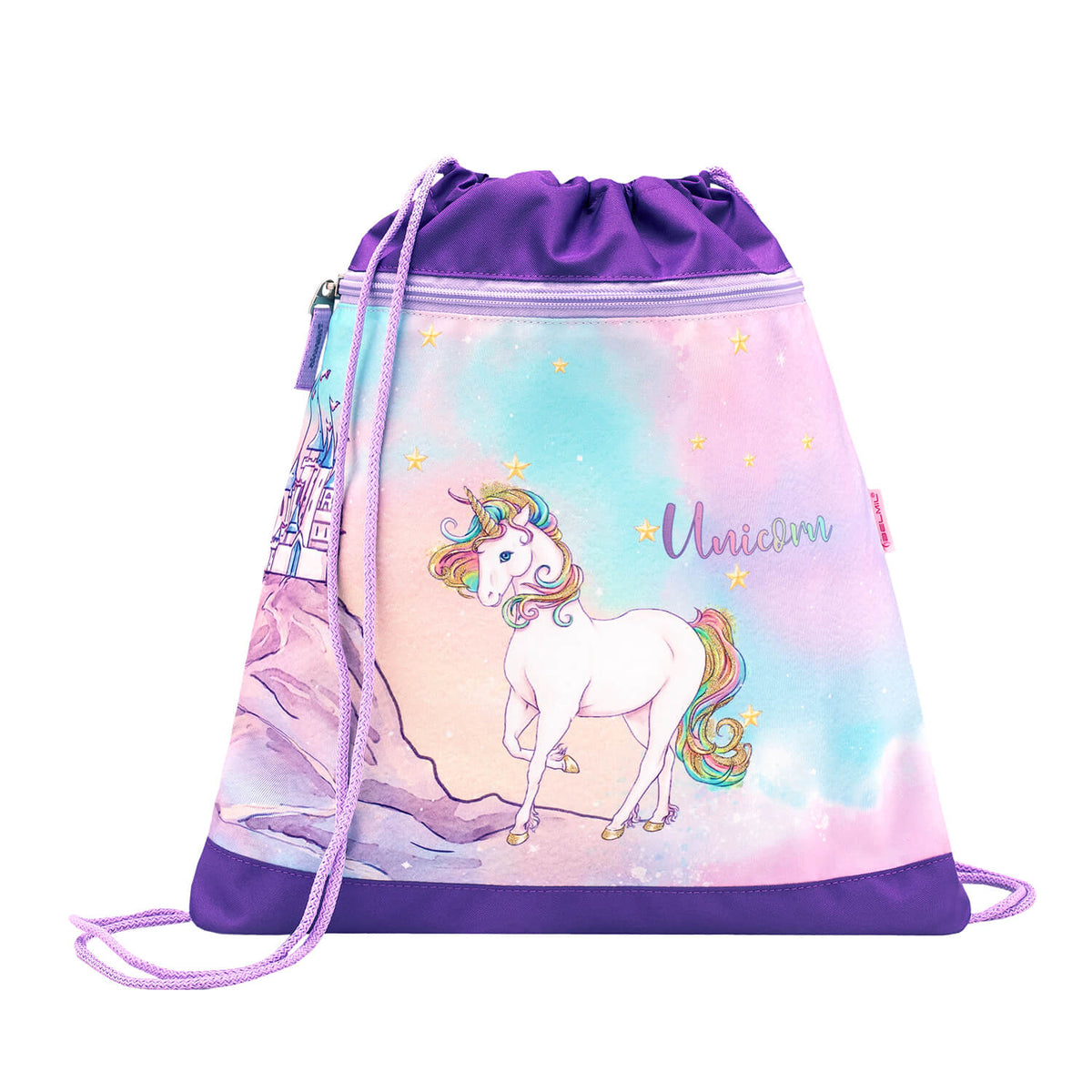 Kid wearing the Ergonomic School Bag Set for Girls – Belmil Compact Rainbow Unicorn Magic schoolbag set 4 pcs, showcasing its stylish and functional design.