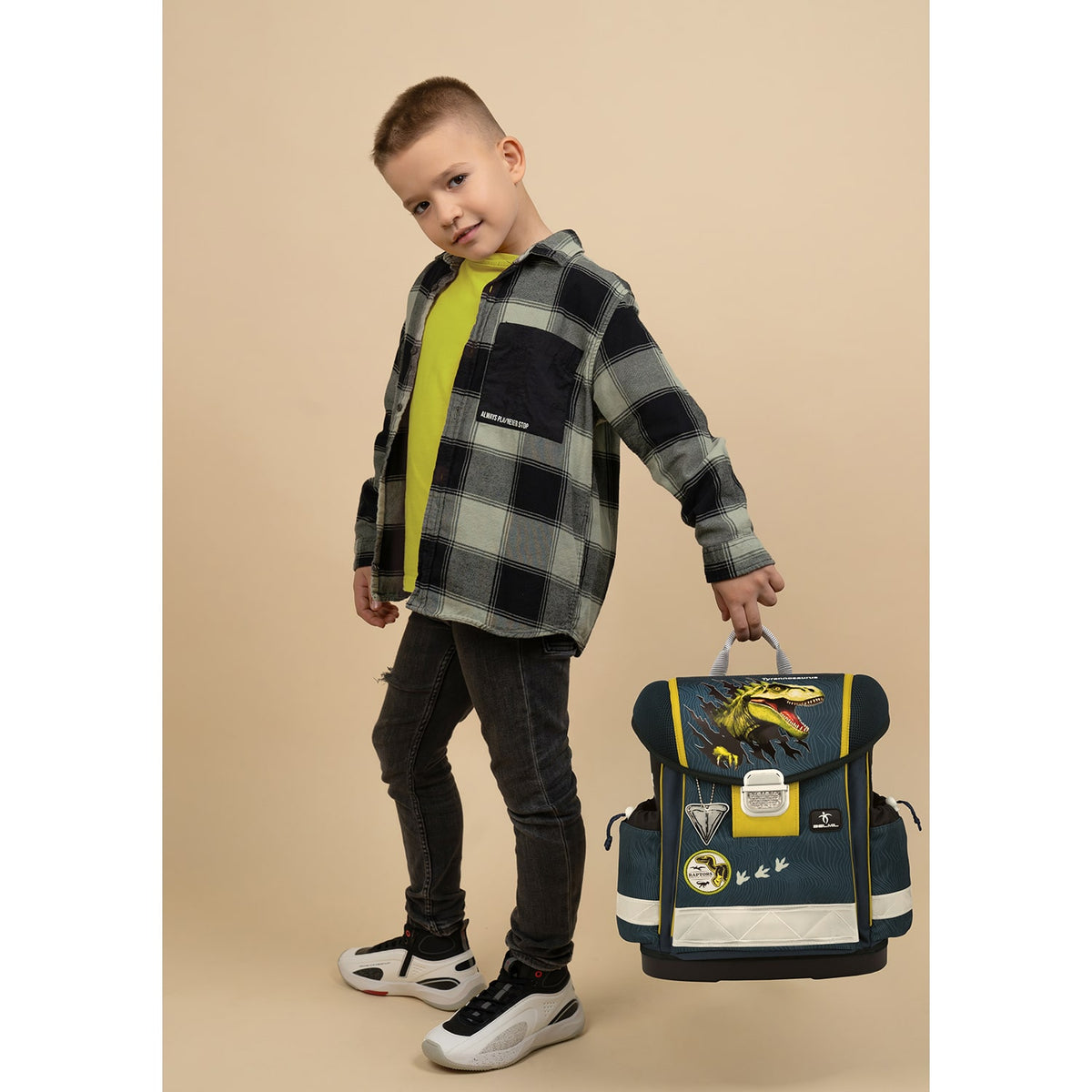 The Ergonomic School Bag Set for Boys – Belmil Classy King Dino (5 pcs) showcasing the lightweight construction and multiple compartments.
