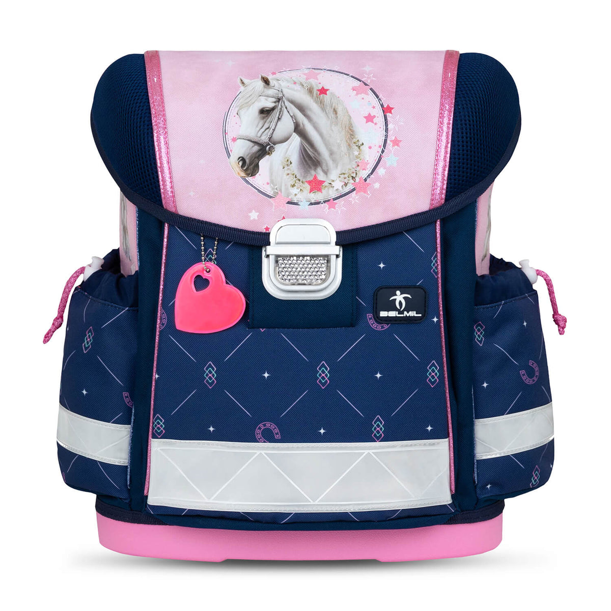 The beautiful design of the Belmil Ergonomic School Bag Set for Girls “Amazing Horse” Design + Unicorn Raincoat – 4-Piece Back-to-School Bundle featuring a graceful horse with stars.