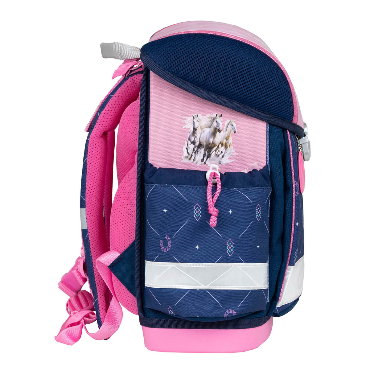 Highlighting the safety features of the Belmil Ergonomic School Bag Set for Girls “Amazing Horse” Design + Unicorn Raincoat – 4-Piece Back-to-School Bundle with reflective elements.