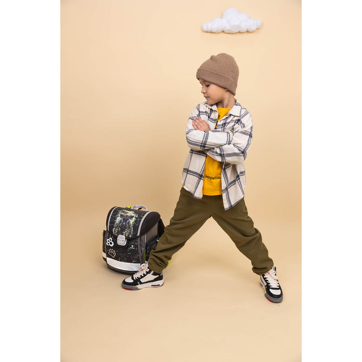 The Ergonomic School Bag Set for Boys– Belmil Classy Black Panther (4 pcs) displayed with different compartments and side pockets for organization.