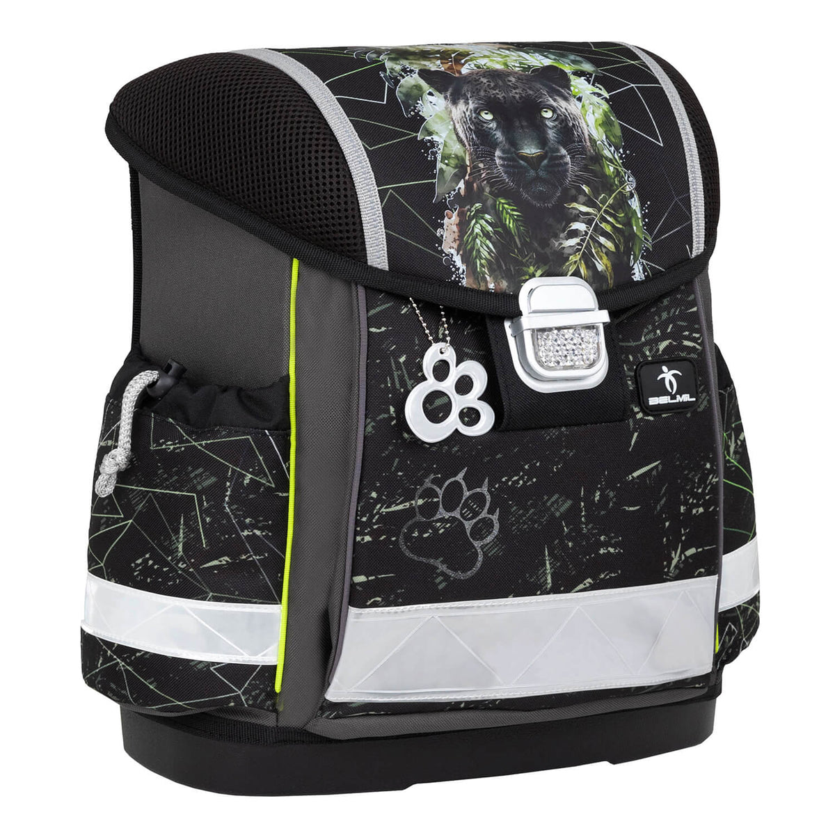 The complete Ergonomic School Bag Set for Boys– Belmil Classy Black Panther (4 pcs) including the gym bag and pencil cases.