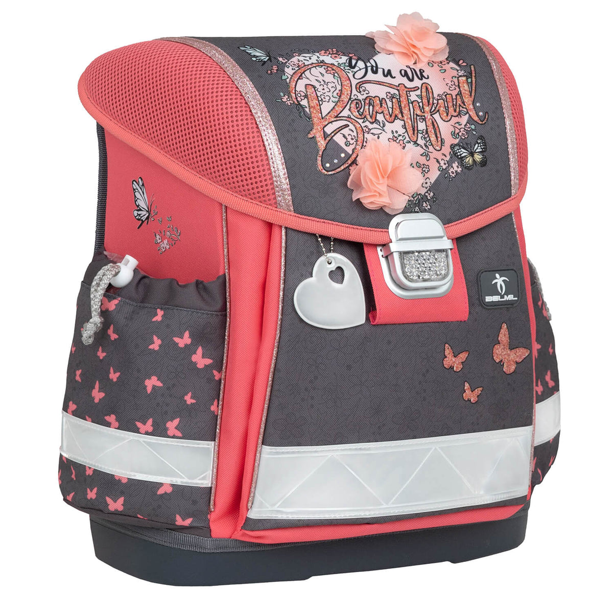 Inside compartments of the Ergonomic School Bag Set for Girls – Belmil Classy Bloomy Blossom (4 pcs) showing organizational features.