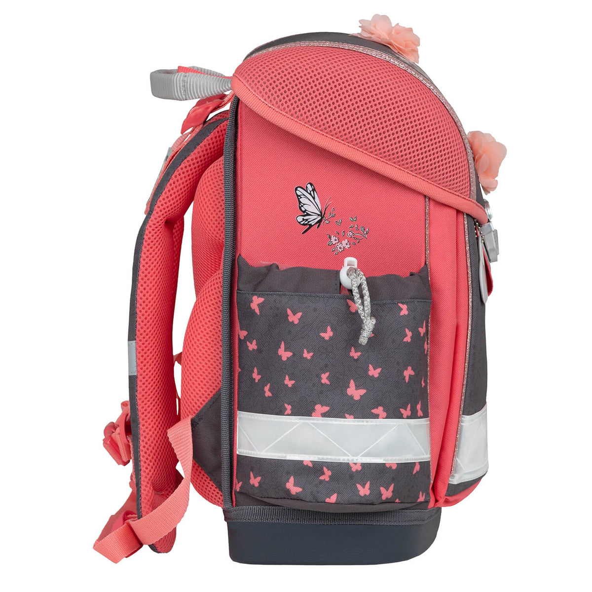 Stylish look of the Ergonomic School Bag Set for Girls – Belmil Classy Bloomy Blossom (4 pcs) with shimmering butterflies and heart motifs.