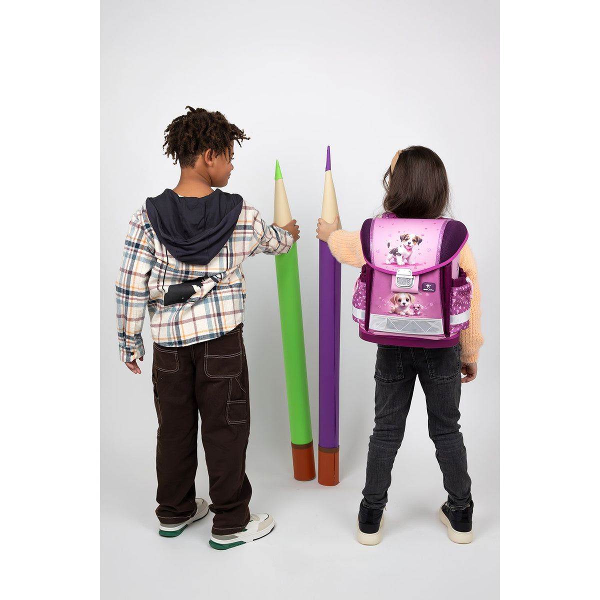 A close-up of The Ergonomic School Bag Set for Girls – Belmil Classy Little Puppies (5 pcs), highlighting the ergonomic back padding, designed for comfort.