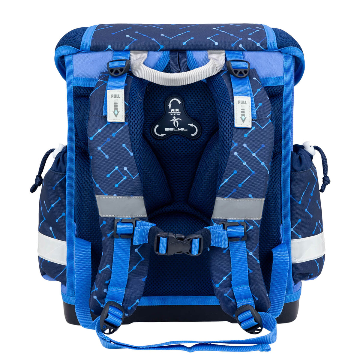 Futuristic robot emblem on the Ergonomic School Bag Set for Boys– Belmil Classy Navy Blue Tech (4 pcs) designed for tech lovers.