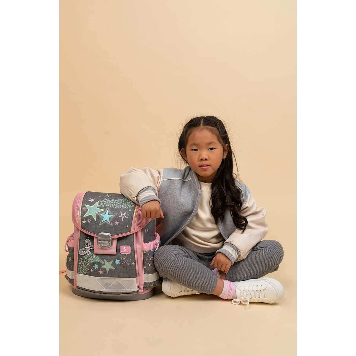 The Ergonomic School Bag Set for Girls – Belmil Classy Shine Bright (5 pcs) featuring the ergonomic school bag with breathable padded back designed for first graders.