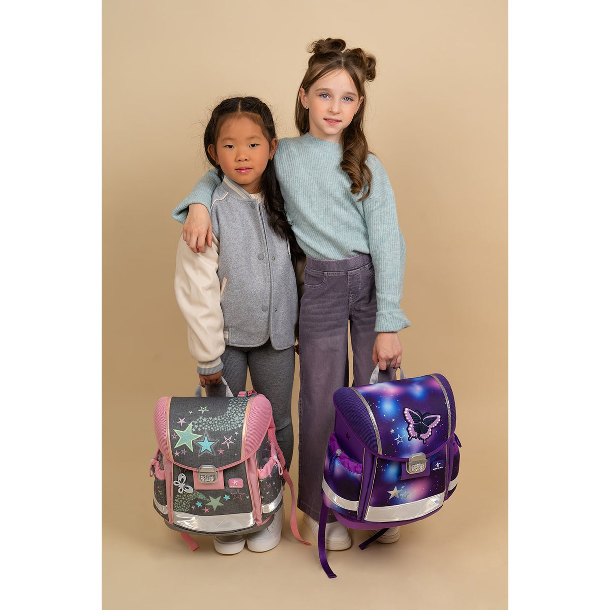 The Ergonomic School Bag Set for Girls – Belmil Classy Shine Bright (5 pcs) display highlighting the vibrant design of the school bag with stars in mint, pink, and purple.