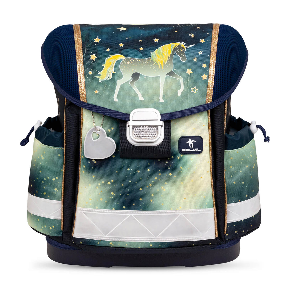 The Belmil Classy Sparkling Unicorn Ergonomic School Bag Set for Girls (4 pcs) displayed with reflective elements for enhanced safety.