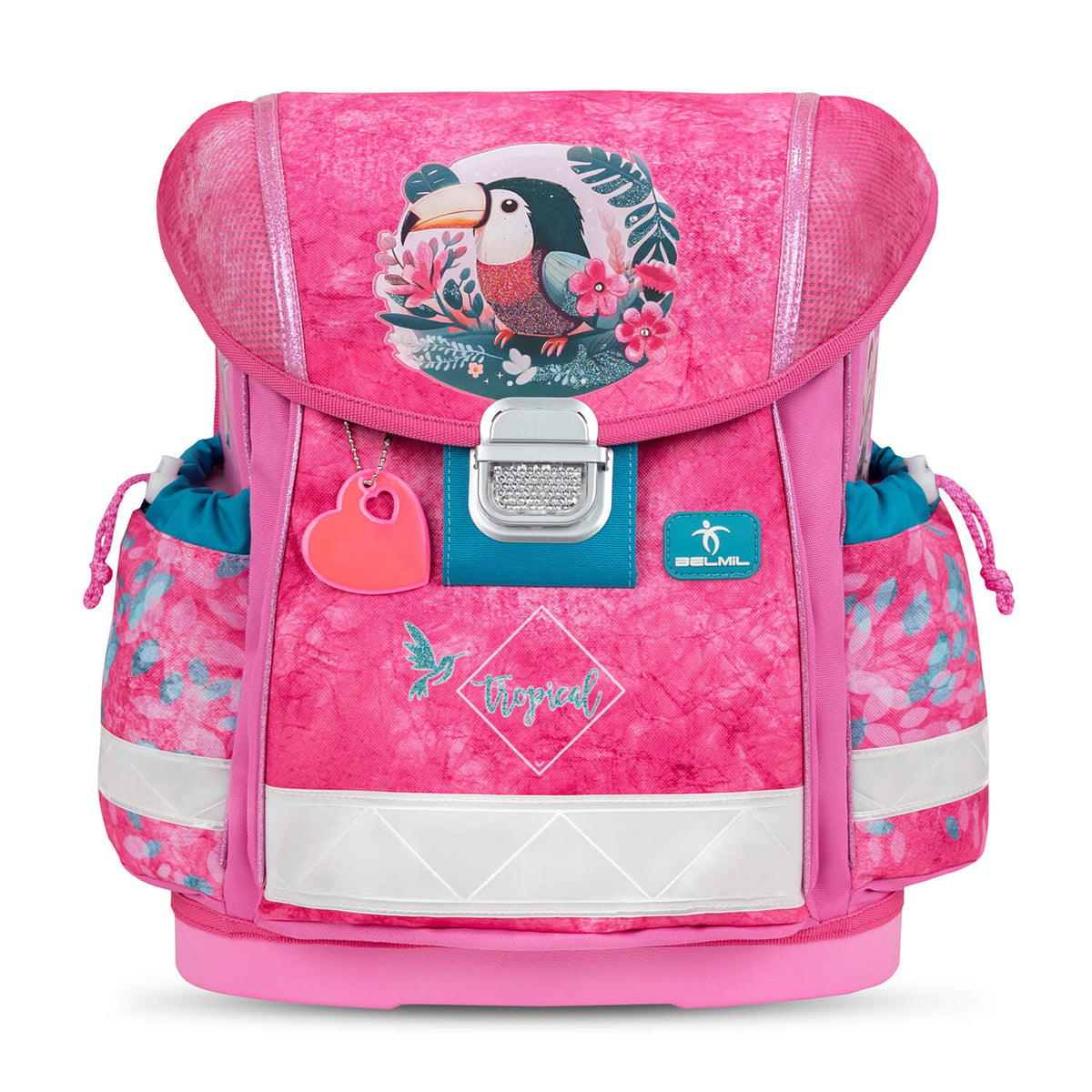 The complete Ergonomic School Bag Set for Girls – Belmil Classy Tropical Toucan (4 pcs) including school bag, gym bag, and pencil cases.
