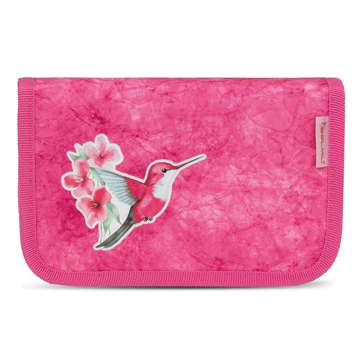 Bright and cheerful design of the Ergonomic School Bag Set for Girls – Belmil Classy Tropical Toucan (4 pcs) with tropical flowers.
