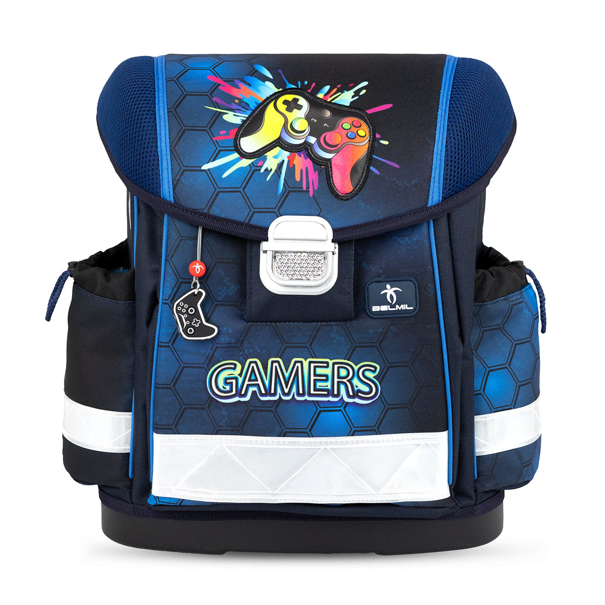 Close-up of the comfortable fit and reflective elements of the Ergonomic School Bag Set for Boys– Belmil Classy Game On! (4 pcs) ensuring safety for kids.
