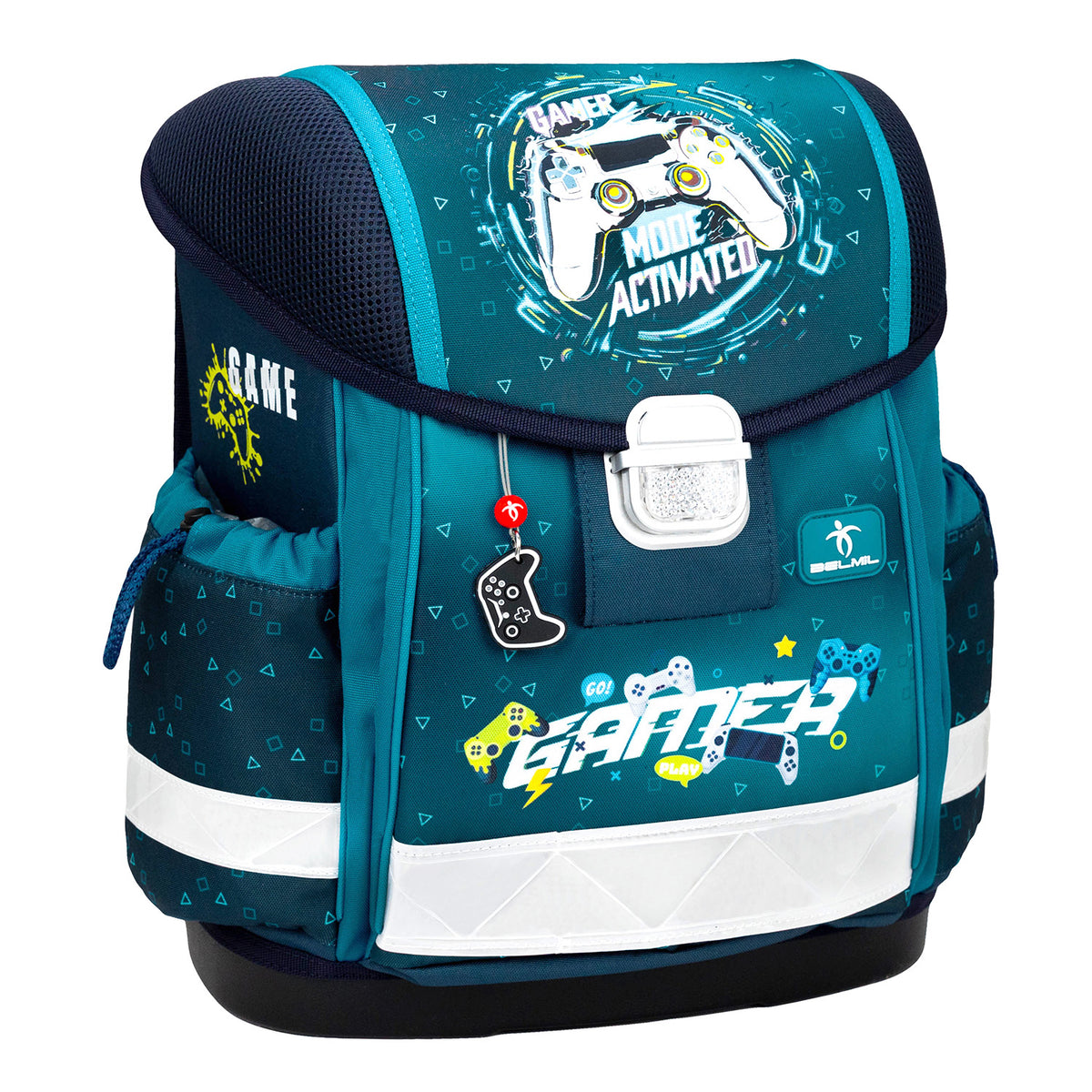 Close-up of the reflective elements on the Ergonomic School Bag Set for Boys– Belmil Classy Game Zone (4 pcs) ensuring safety for kids.