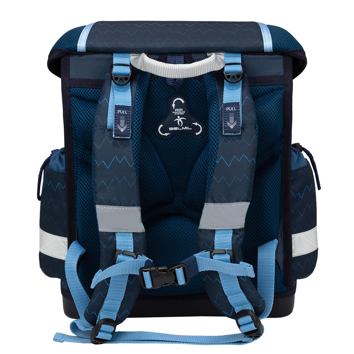 Ergonomic School Bag Set for Boys– Belmil Classy Northern Alpha (4 pcs) in an outdoor setting highlighting the mountain backdrop design.
