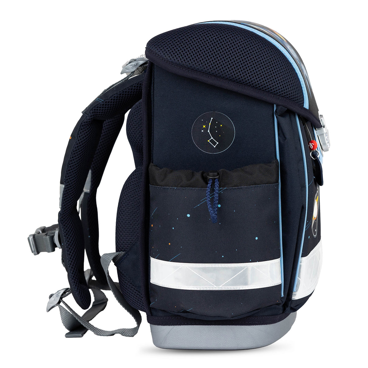 Detail of the reflective elements on the Ergonomic School Bag Set for Boys– Belmil Classy Orion (4 pcs) for enhanced safety.