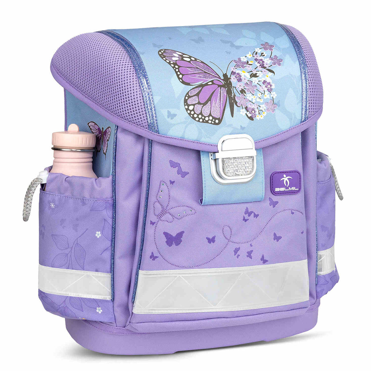 The delicate butterfly design of The Ergonomic School Bag Set for Girls – Belmil Classy Purple Blue Butterfly (5 pcs), perfect for nature-loving girls.