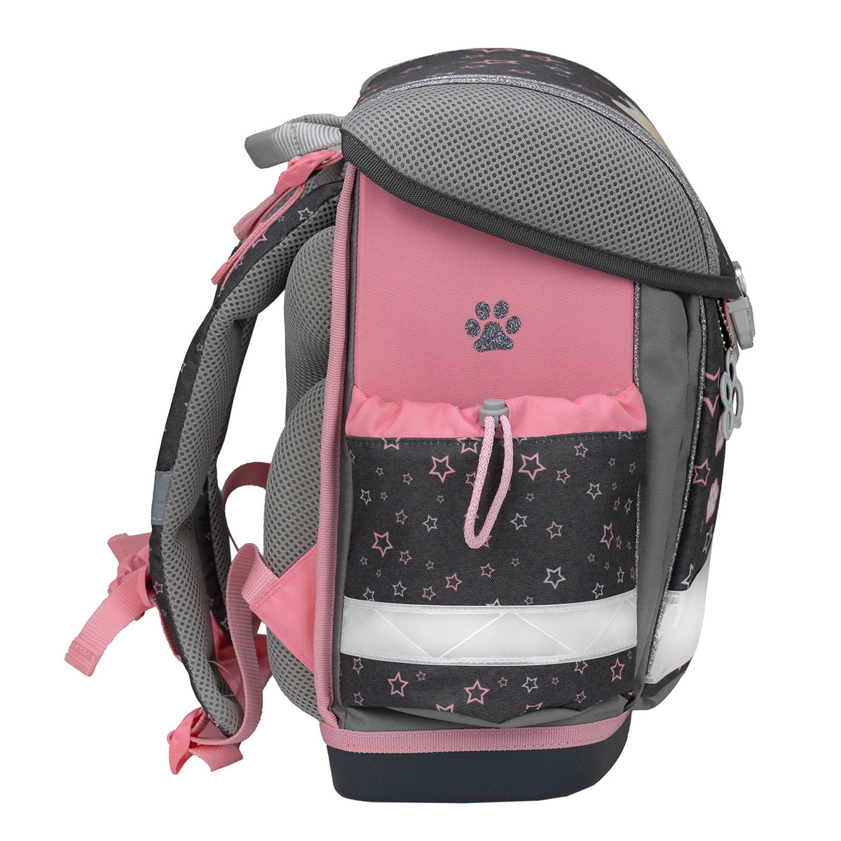 A complete look at the Ergonomic School Bag Set for Girls – Belmil Classy Starry Paws (4 pcs) which includes a school bag, gym bag, and pencil cases.
