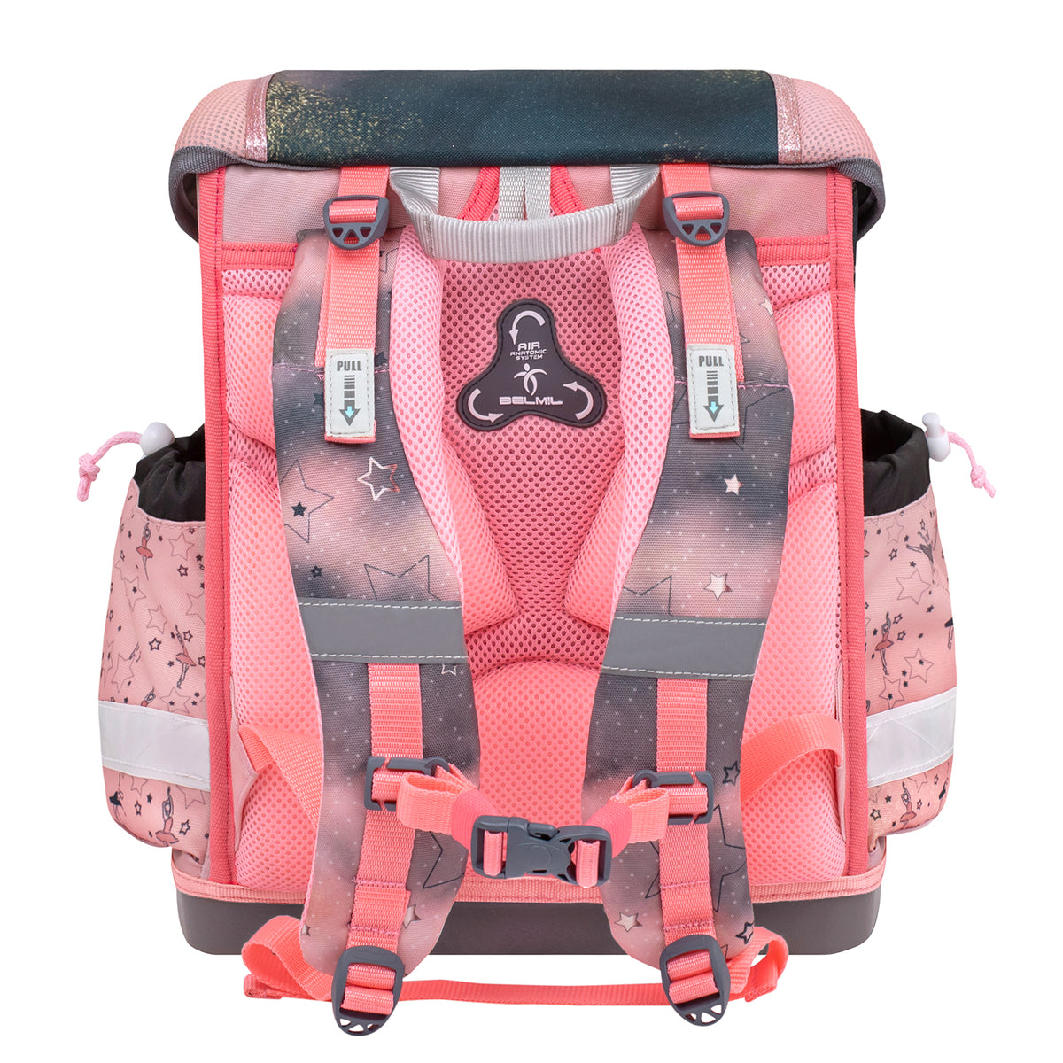 Belmil Classy Ergonomic School Bag Set for Girls 'Ballerina Black Pink' with padded shoulder straps and breathable padding featured in the 4-piece set.