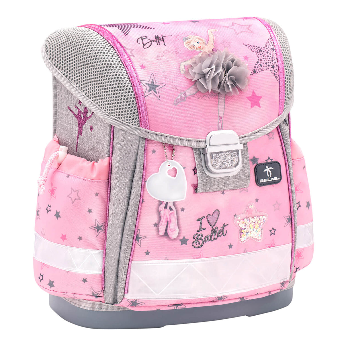 Showcasing the stylish design of the Classy Ballet Light Pink schoolbag set 4 pcs, ideal for young girls, part of the Ergonomic School Bag Set for Girls – Belmil Classy Ballet Light Pink (4 pcs).