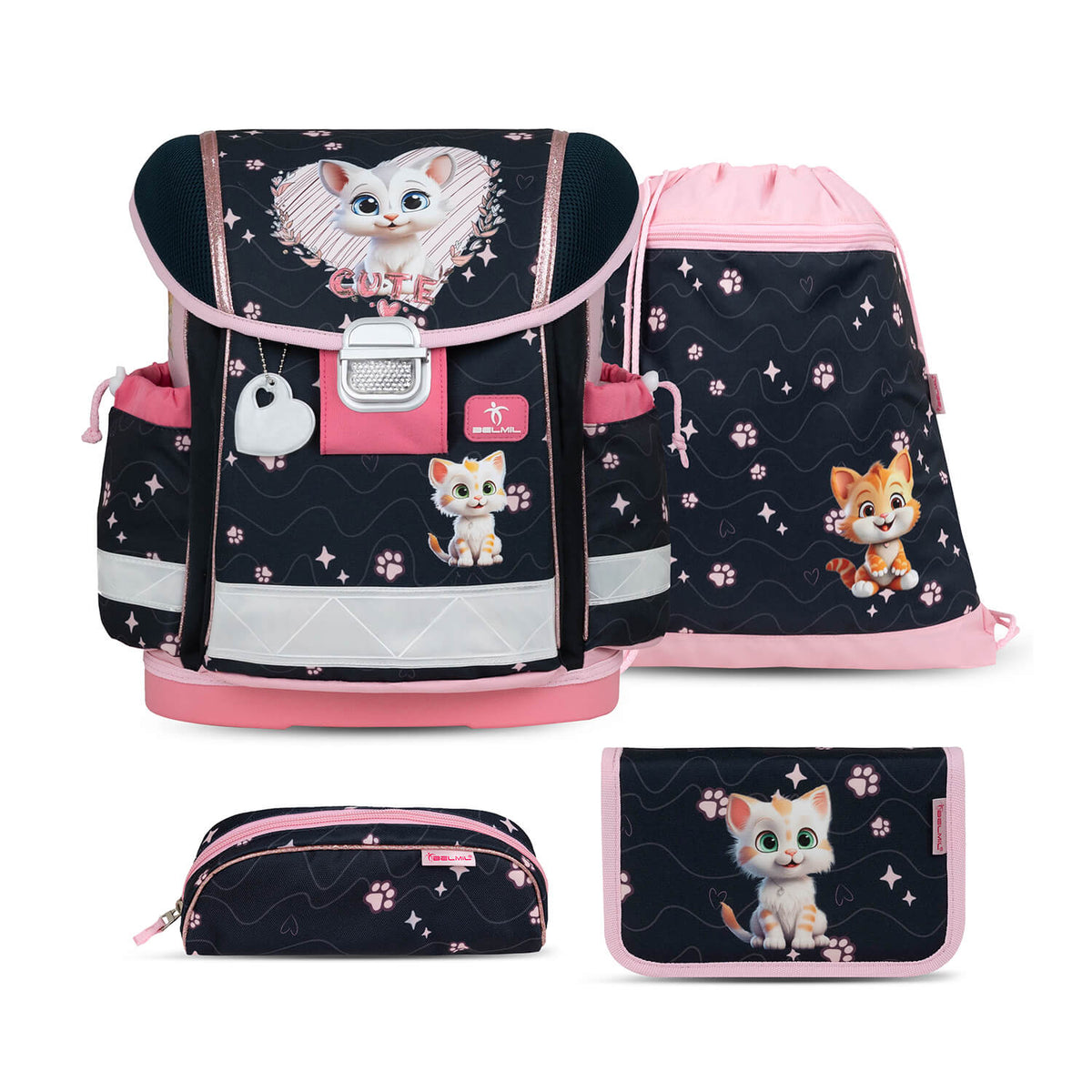 Classy Cute Kitten schoolbag set 4 pcs featuring an ergonomic design for girls by Belmil.