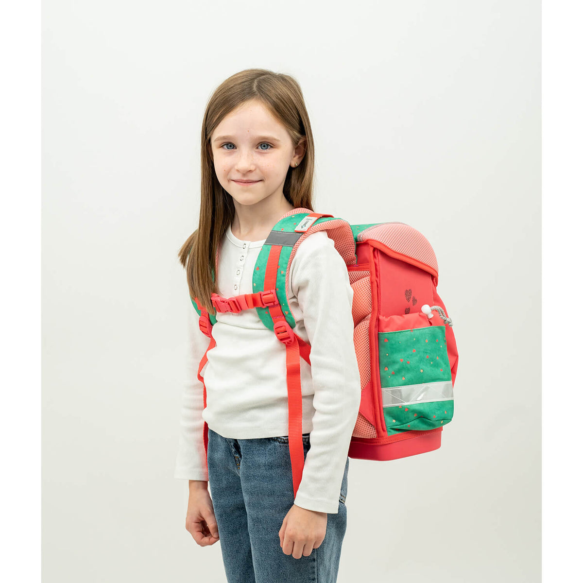 View of the Belmil Ergonomic School Bag Set for Girls “Cute Sloth” Design + Unicorn Raincoat – 4-Piece Back-to-School Bundle displaying ergonomic features and lightweight design.