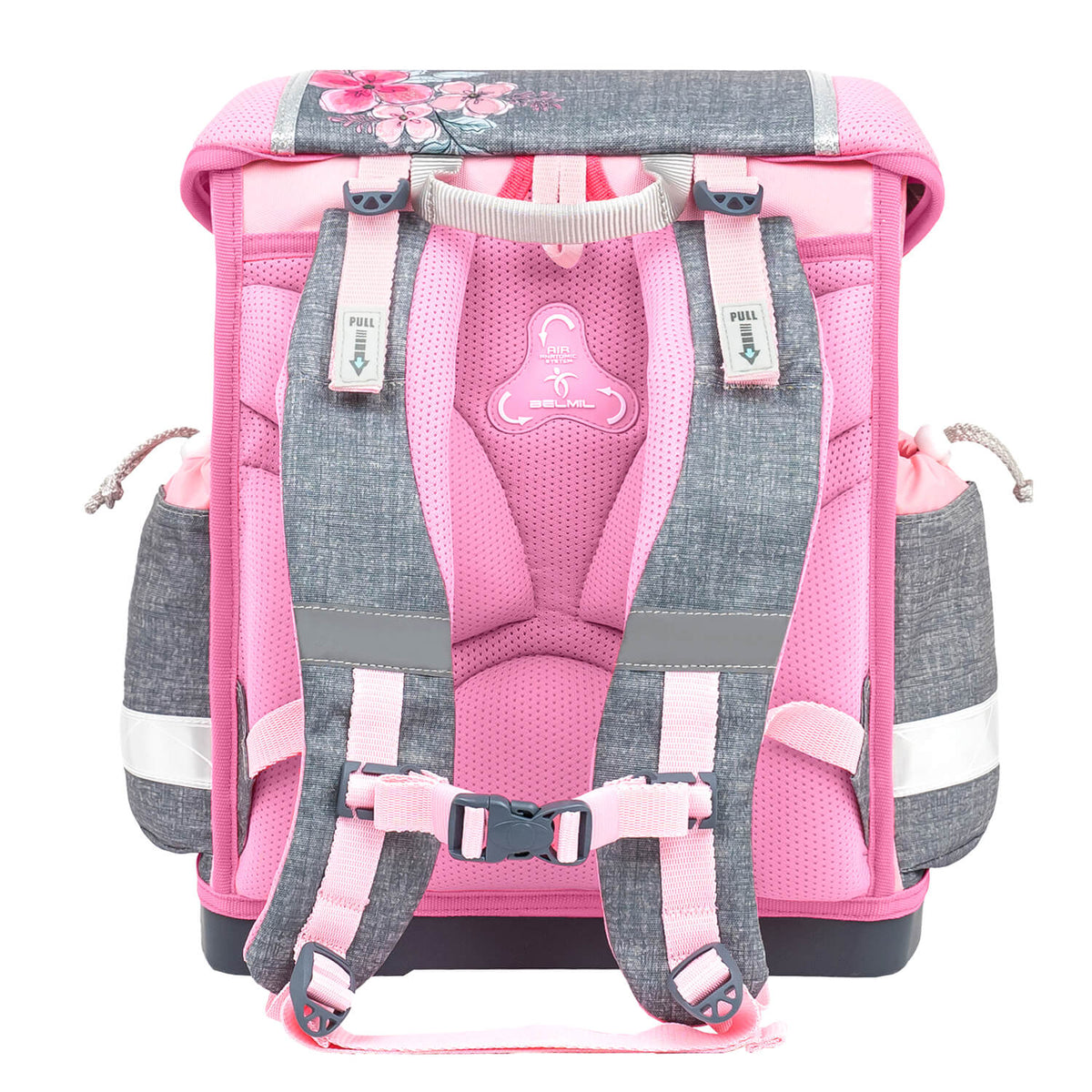 Ergonomic School Bag Set for Girls – Belmil Classy Elegant (4 pcs) displayed with a cute butterfly-shaped keychain.