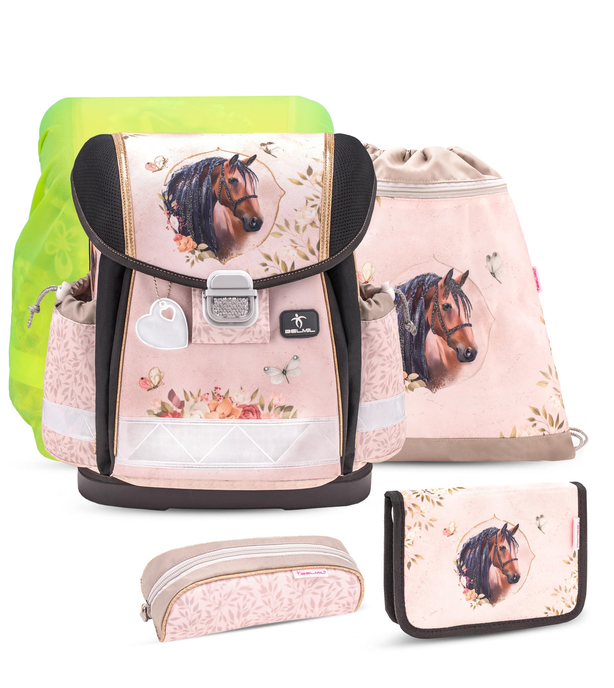 The Ergonomic School Bag Set for Girls – Belmil Classy Horse Chestnut (5 pcs) showcasing the beautiful horse design and floral elements.