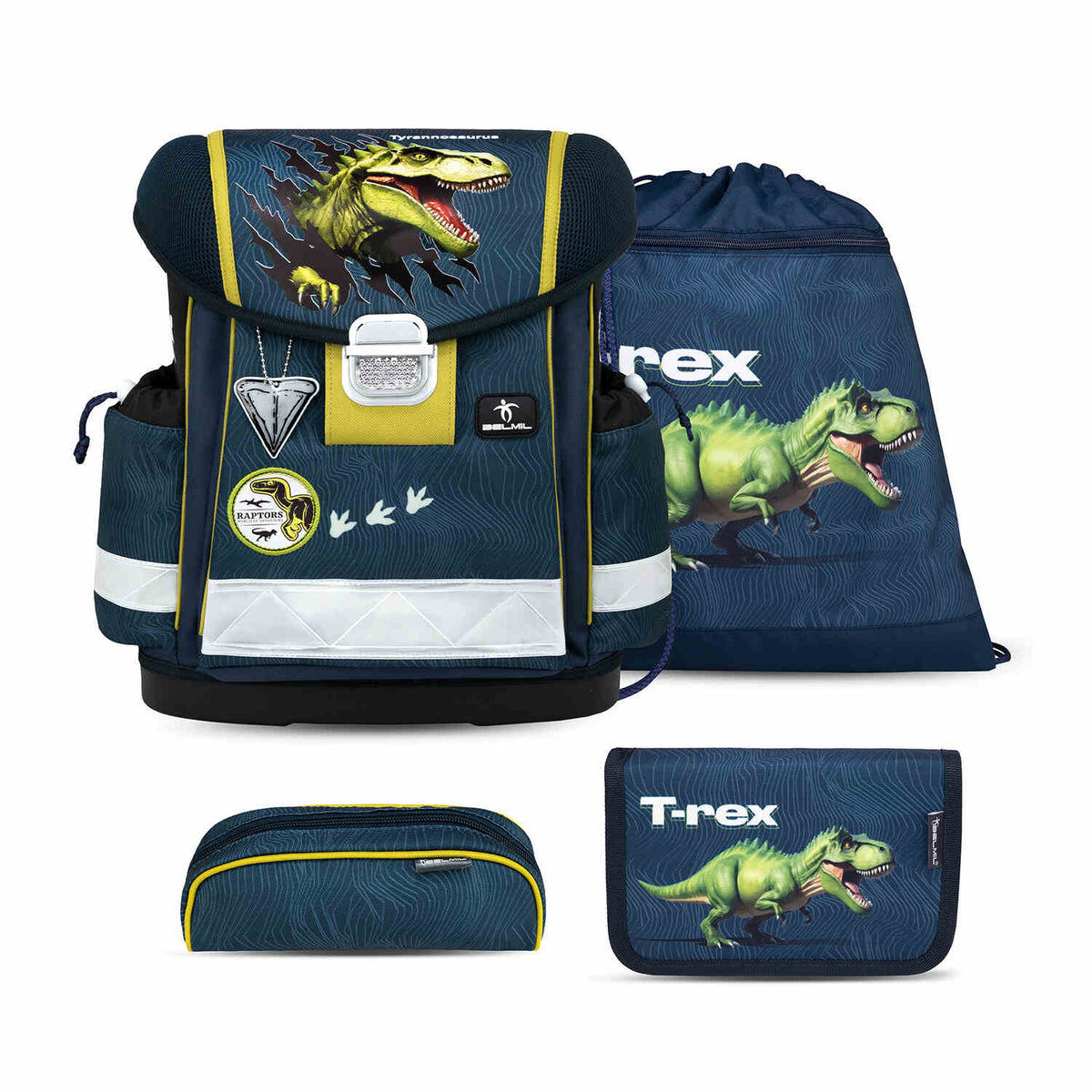 Classy King Dino schoolbag set 4 pcs featuring an ergonomic design, perfect for first graders, showcasing Belmil's Ergonomic School Bag Set for Boys.