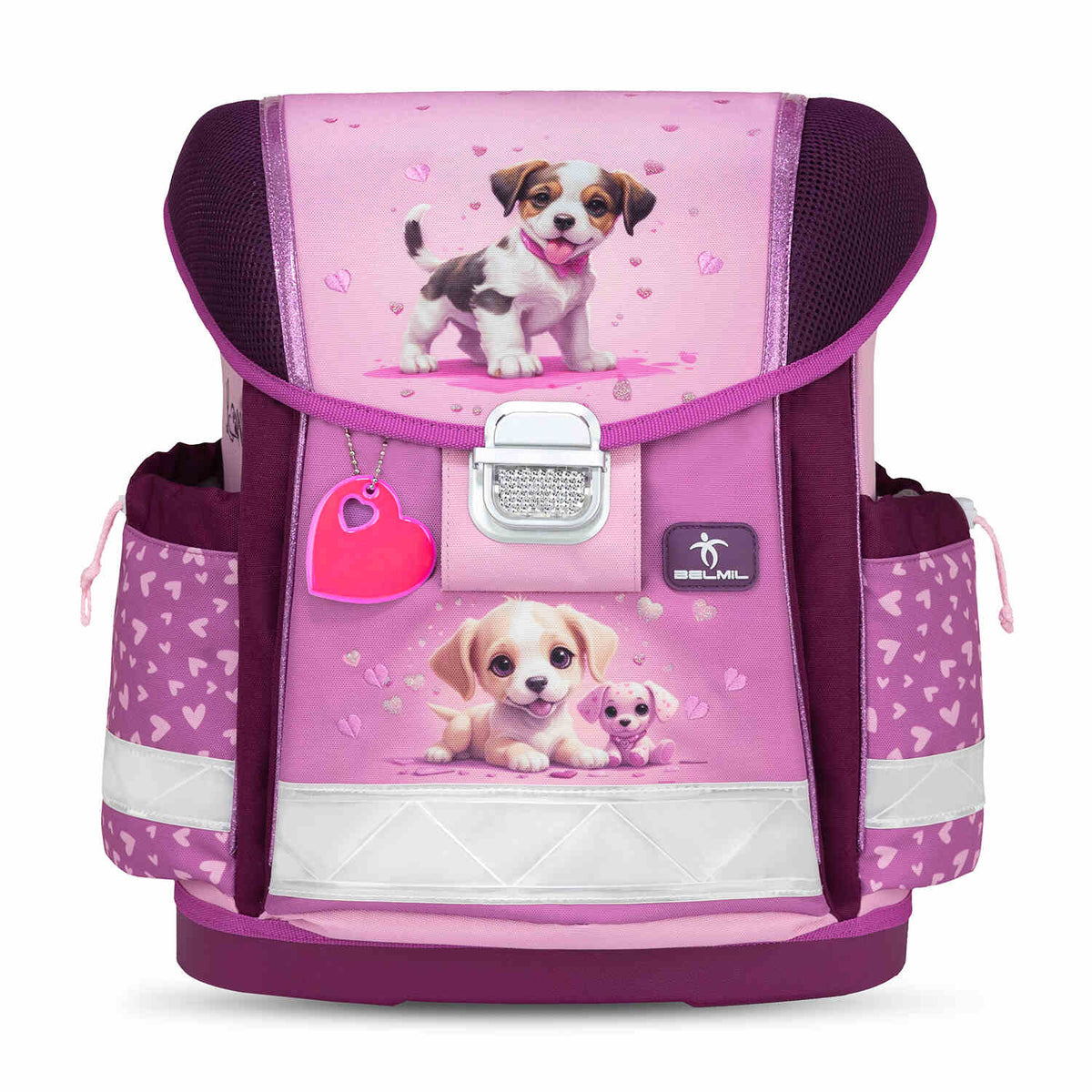 The Ergonomic School Bag Set for Girls – Belmil Classy Little Puppies (5 pcs) showcases the rain cover with reflective elements for safety during rainy days.