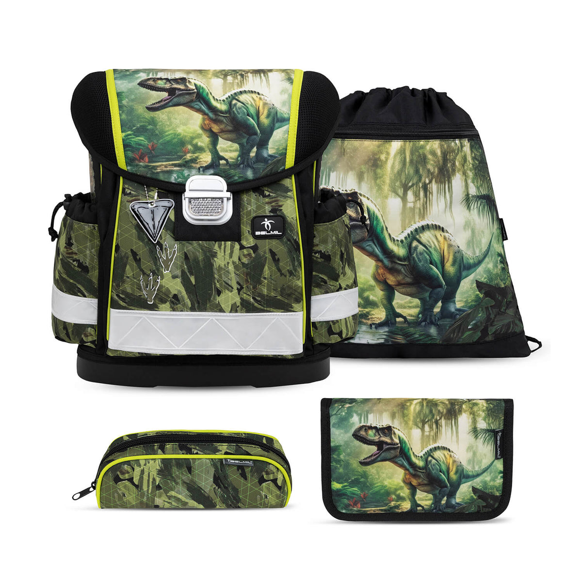 Stylish Ergonomic School Bag Set for Boys– Belmil Classy Lost World (4 pcs) featuring a fierce dinosaur design.