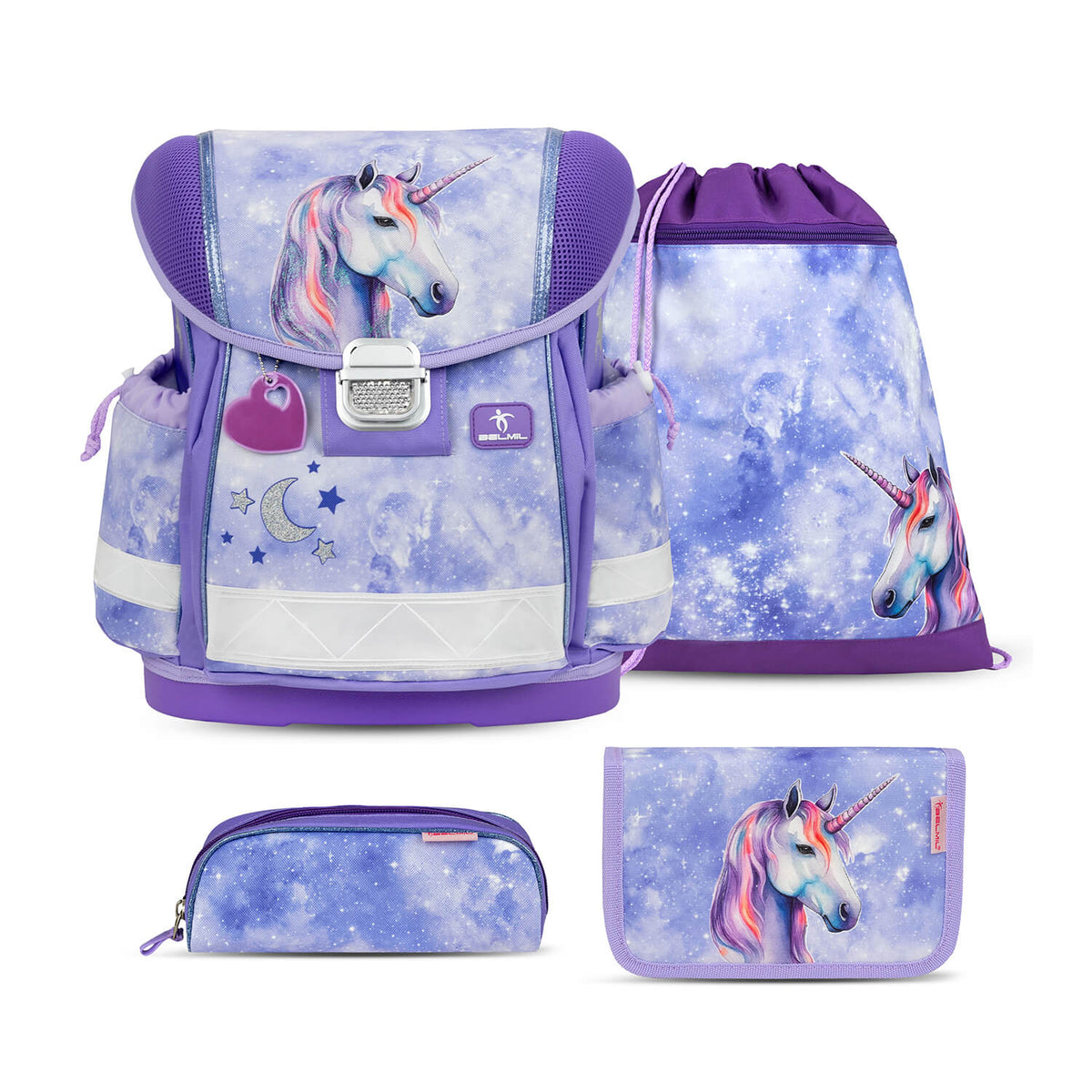 Ergonomic School Bag Set for Girls – Belmil Classy Mistyc Luna (4 pcs) featuring a colorful and enchanting unicorn design.