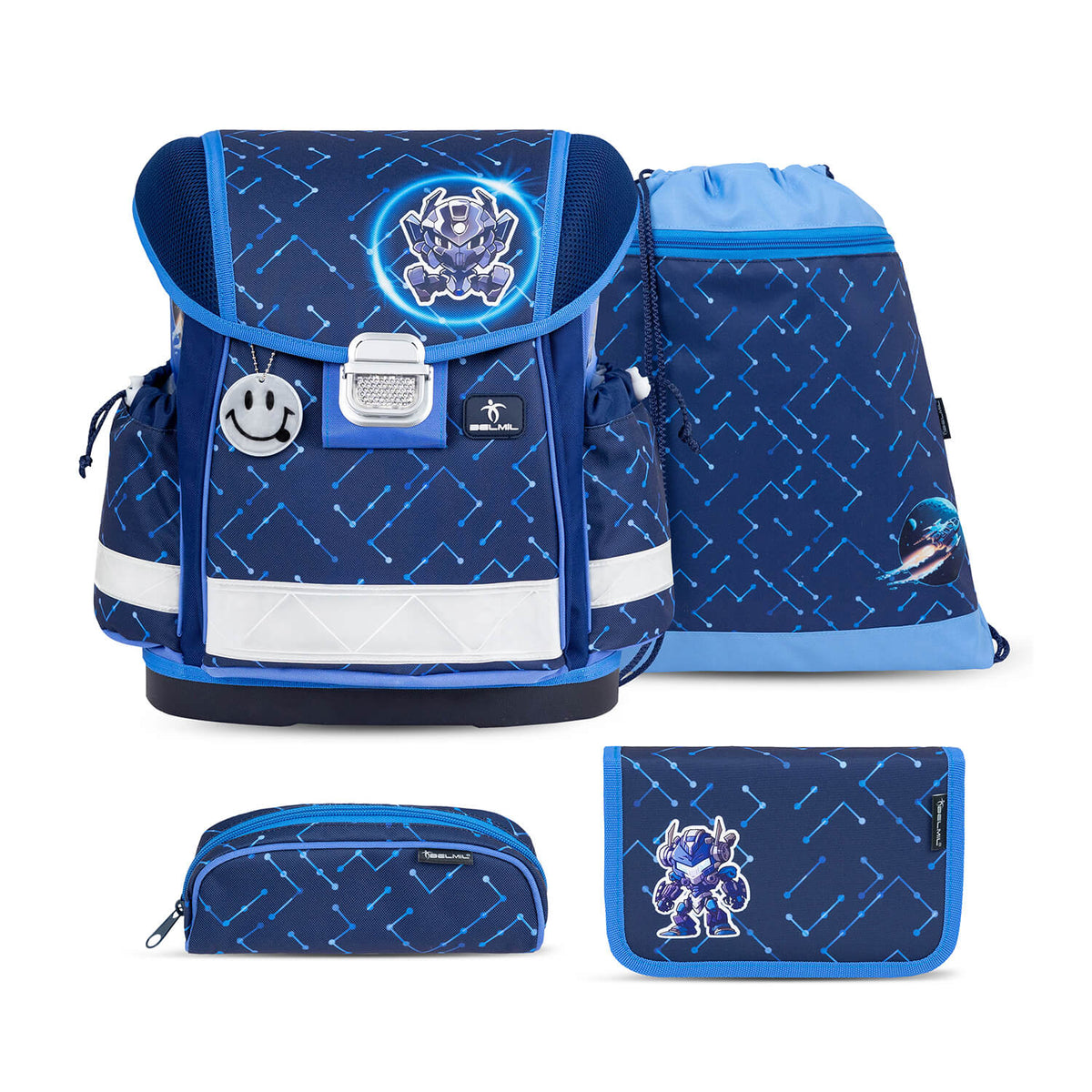 Ergonomic School Bag Set for Boys– Belmil Classy Navy Blue Tech (4 pcs) showcasing the ergonomic design for comfort.