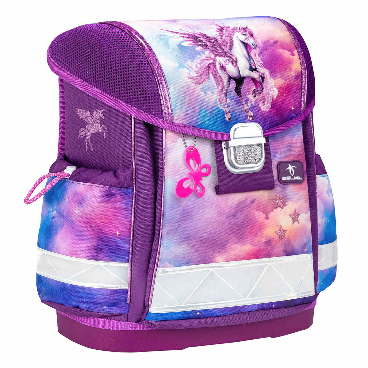 The Ergonomic School Bag Set for Girls – Belmil Classy Pegasus (5 pcs) with a vibrant Pegasus design and organized compartments.