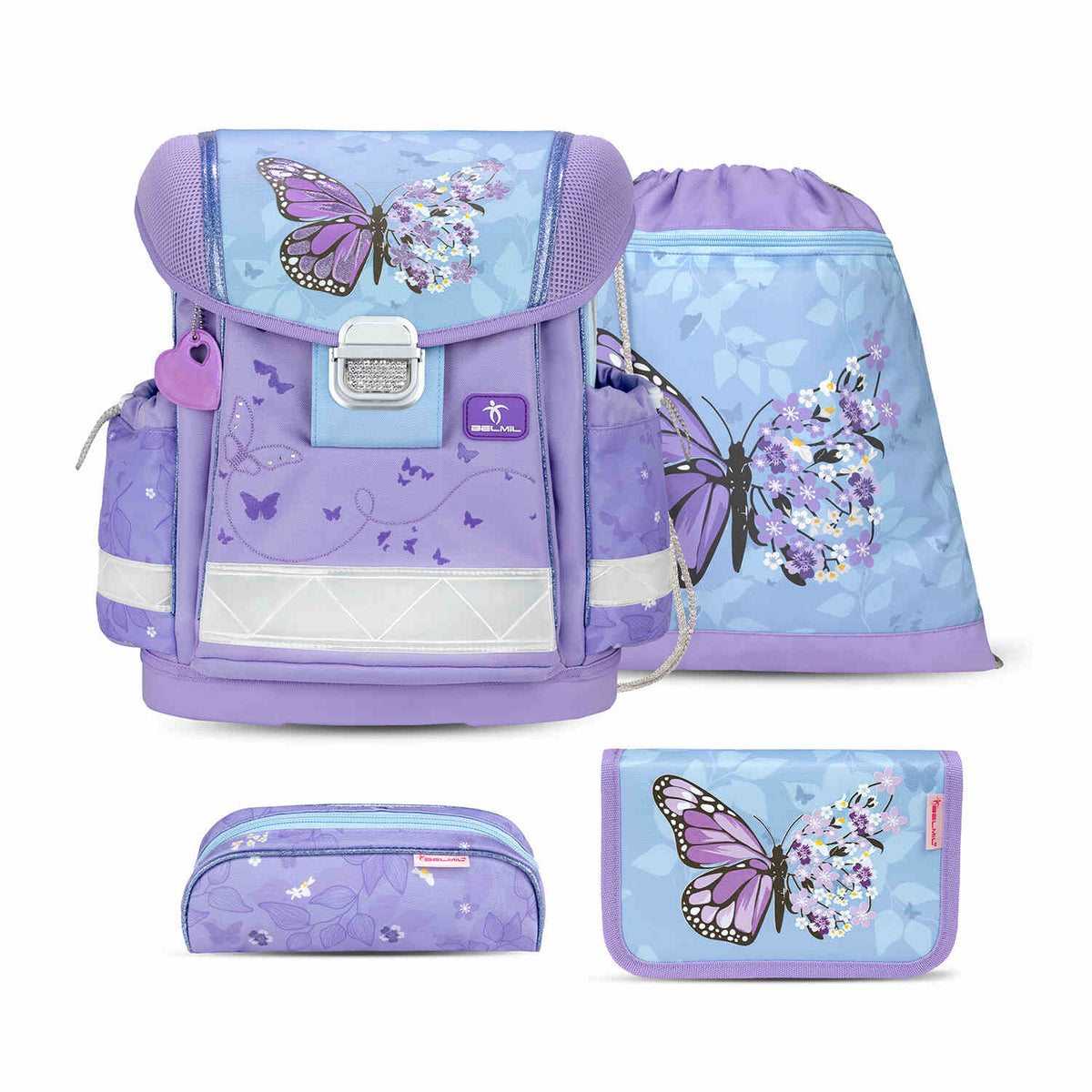 Classy Purple Blue Butterfly schoolbag set 4 pcs - Ergonomic School Bag Set for Girls – Belmil, showcasing the beautiful design with butterfly patterns.