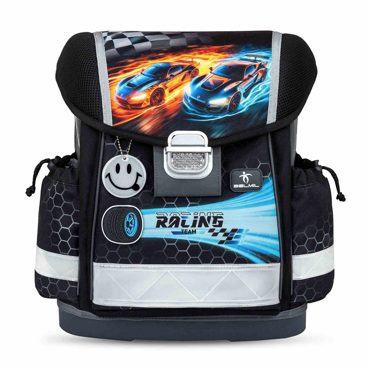 The Ergonomic School Bag Set for Boys – Belmil Classy Race it (5 pcs) featuring adjustable chest and shoulder straps for a customized fit.