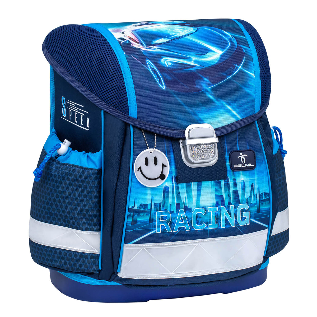 Side view of the Ergonomic School Bag Set for Boys– Belmil Classy Racing Blue Neon (4 pcs) displaying reflective elements for safety.