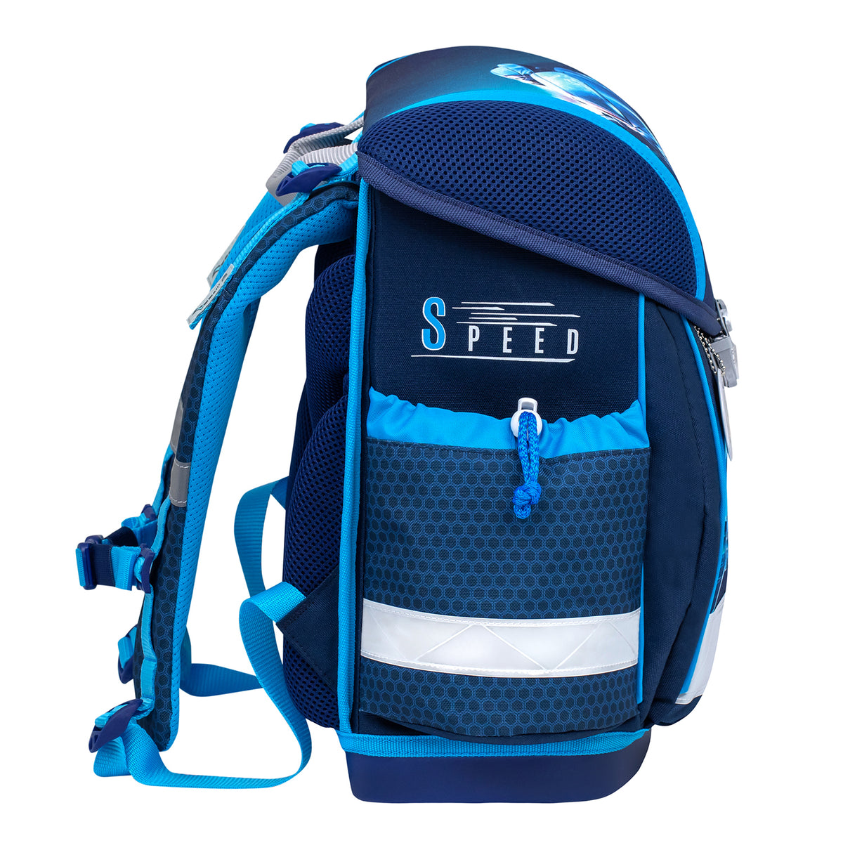 The Belmil Classy Ergonomic School Bag Set for Boys “Racing Blue Neon” Design + Dinosaur Raincoat – 5-Piece Back-to-School Bundle featuring a colorful racing car graphic.