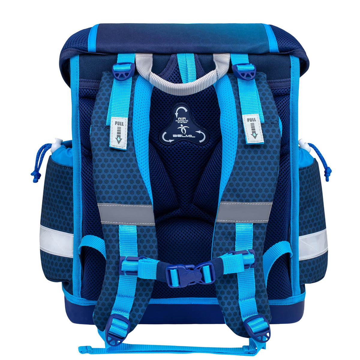 Close-up image of the Ergonomic School Bag Set for Boys– Belmil Classy Racing Blue Neon (4 pcs) with the easy-to-use metal buckle.