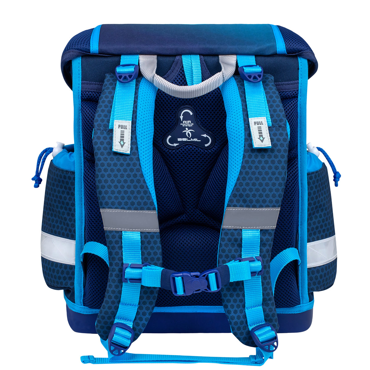 All components of the Belmil Classy Ergonomic School Bag Set for Boys “Racing Blue Neon” Design + Dinosaur Raincoat – 5-Piece Back-to-School Bundle including the backpack and pencil cases.
