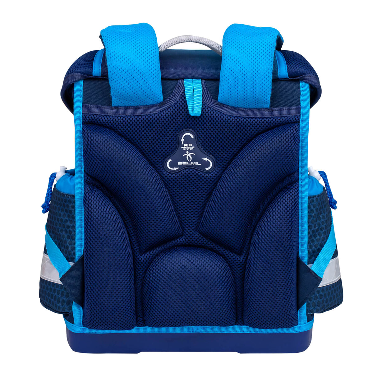 All items in the Ergonomic School Bag Set for Boys– Belmil Classy Racing Blue Neon (4 pcs) including school bag, gym bag, and pencil cases.