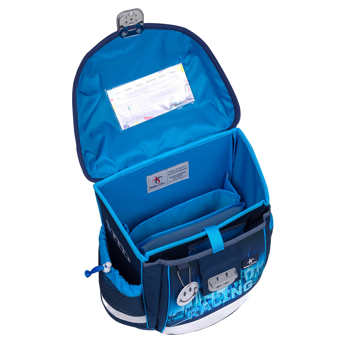 Showing the spacious interior of the Ergonomic School Bag Set for Boys– Belmil Classy Racing Blue Neon (4 pcs) for carrying school supplies.