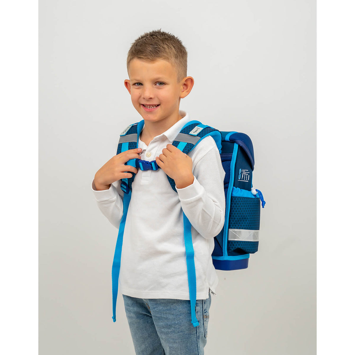 Detail of the Ergonomic School Bag Set for Boys– Belmil Classy Racing Blue Neon (4 pcs) showing multiple compartments for organized storage.