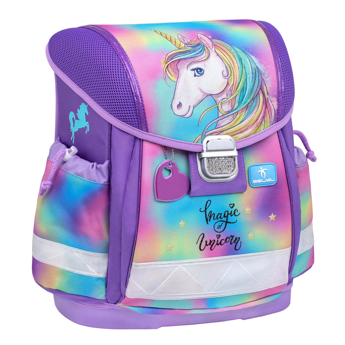 Belmil Classy Ergonomic School Bag Set for Girls “Rainbow Color” Design + Unicorn Raincoat highlighting the spacious compartments and comfortable fit, ideal for back-to-school essentials.